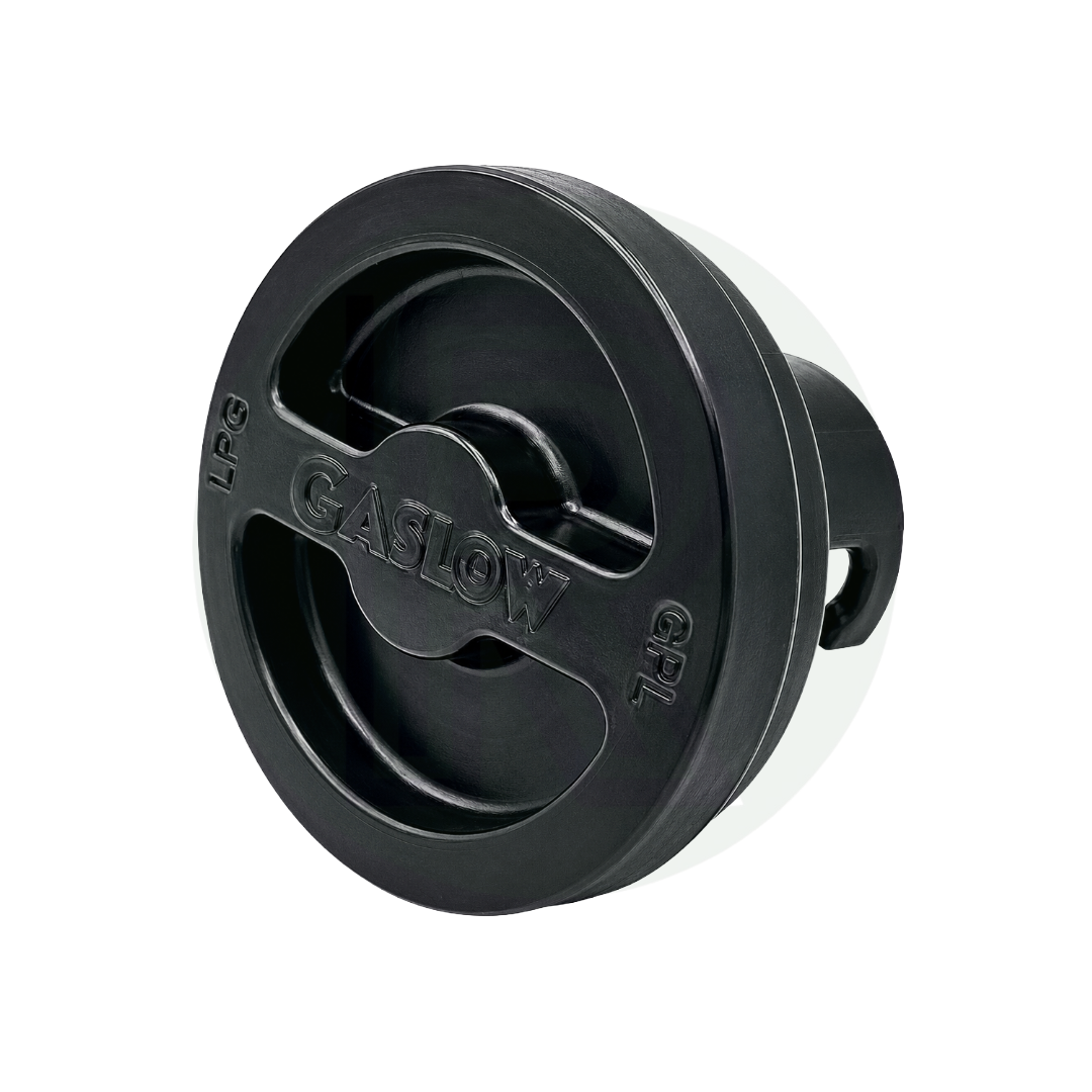 Front view of a black 70mm Gaslow replacement gas filler point cap for external LPG filling points on caravans, motorhomes and campervans.