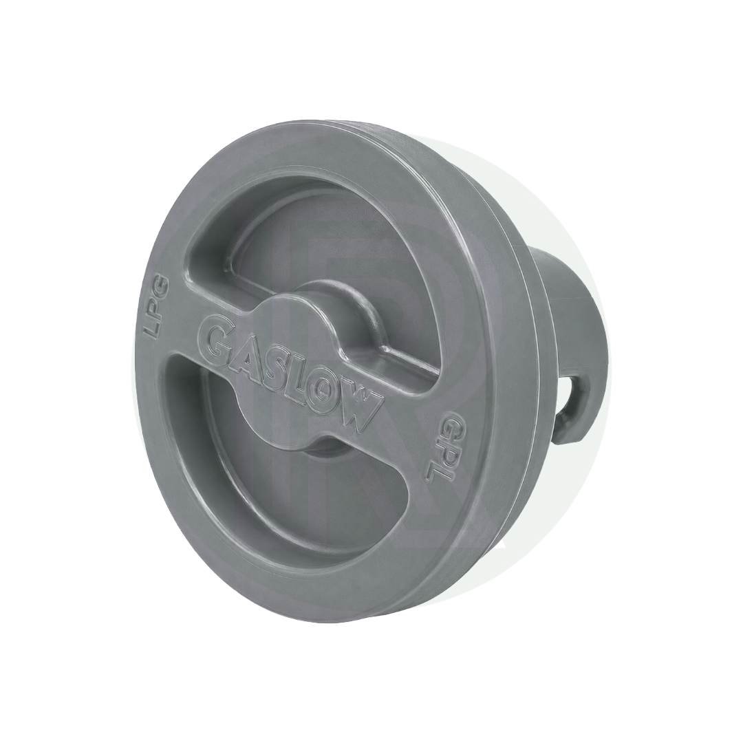 Front view of a grey 70mm Gaslow replacement gas filler point cap for external LPG filling points on caravans, motorhomes and campervans.
