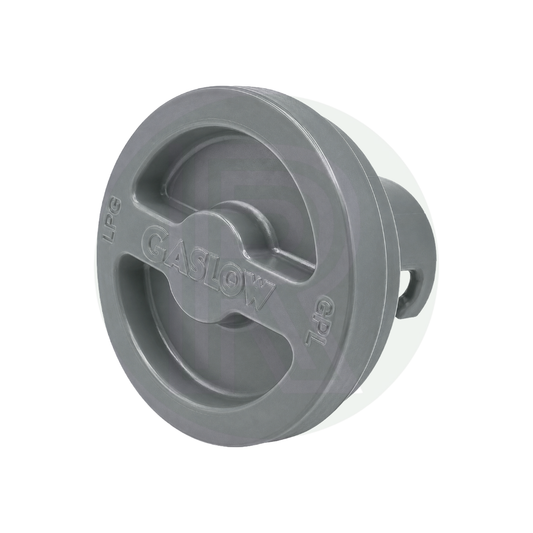Front view of a grey 70mm Gaslow replacement gas filler point cap for external LPG filling points on caravans, motorhomes and campervans.