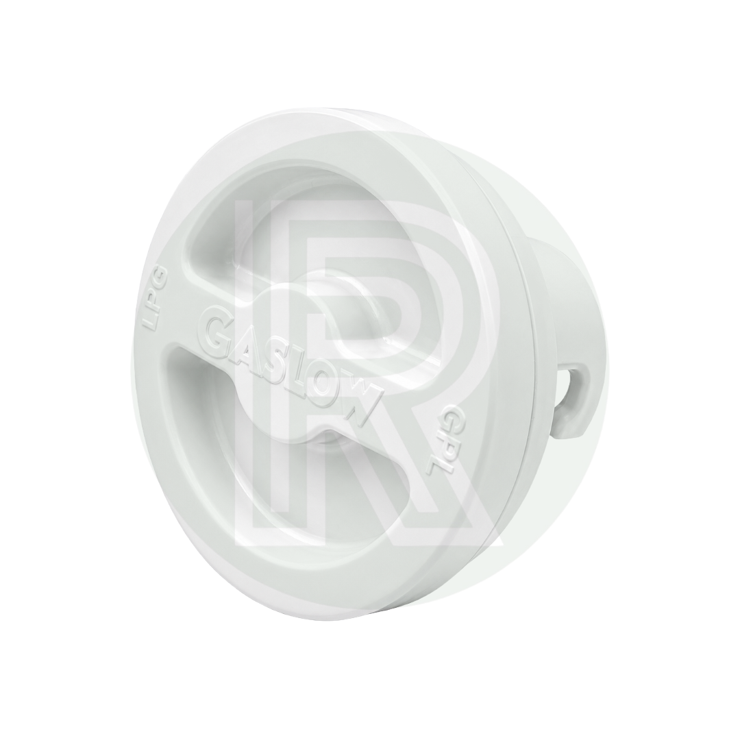 Front view of a white 70mm Gaslow replacement gas filler point cap for external LPG filling points on caravans, motorhomes and campervans.