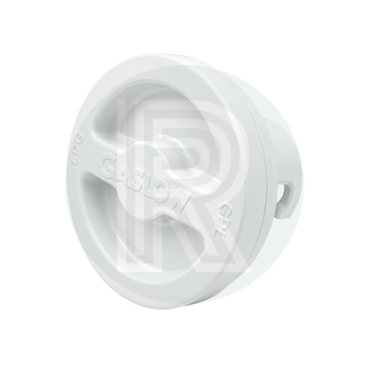 Front view of a white 70mm Gaslow replacement gas filler point cap for external LPG filling points on caravans, motorhomes and campervans.