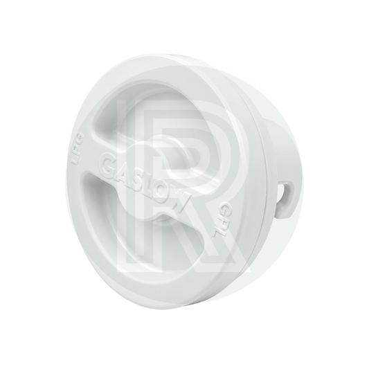 Front view of a white 70mm Gaslow replacement gas filler point cap for external LPG filling points on caravans, motorhomes and campervans.