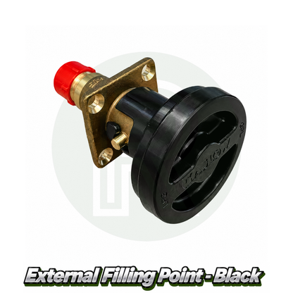 Front view of a Gaslow black external LPG filling point with brass filler valve for refillable gas bottle systems in caravans, motorhomes and campervans.