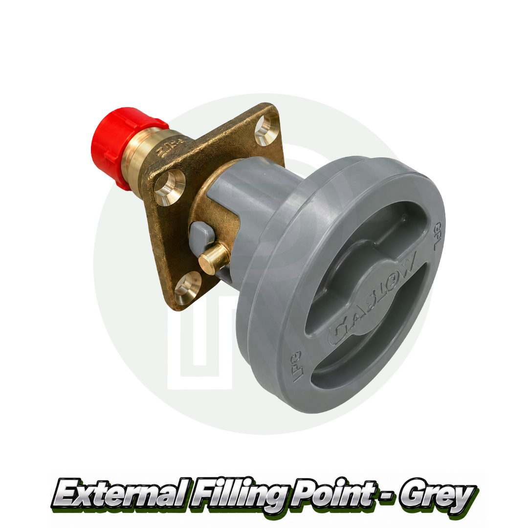 Front view of a Gaslow grey external LPG filling point with brass filler valve for refillable gas bottle systems in caravans, motorhomes and campervans.