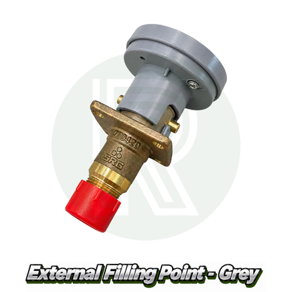 Gaslow grey external LPG filling point with brass filler valve and grey mounting housing for refillable gas cylinder systems in caravans, motorhomes and campervans.