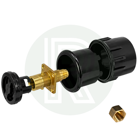 Gaslow Transfer Kit with black external LPG filler point for transferring a refillable gas system to a caravan motorhome or campervan
