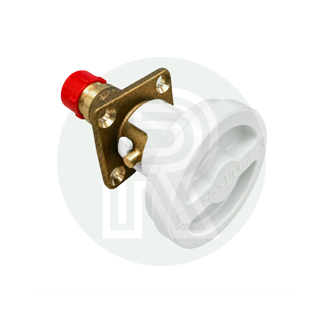 Gaslow transfer kit white external LPG filler rear view showing brass connection