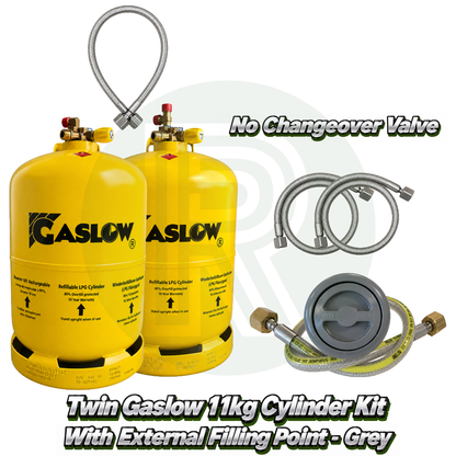 Twin Gaslow 11kg refillable LPG cylinder kit with grey external filling point, no changeover valve, mounting bracket, fill hoses and connection hose for caravans, motorhomes and campervans.