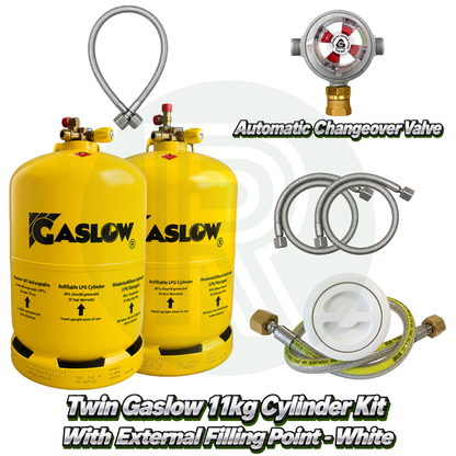 Twin Gaslow 11kg refillable LPG cylinder kit with white external filling point, automatic changeover valve, mounting bracket, fill hoses and connection hose for caravans, motorhomes and campervans.
