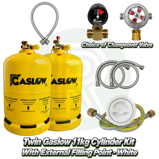 Twin Gaslow 11kg refillable LPG cylinder kit with white external filling point, choice of automatic or manual changeover valve, mounting bracket, fill hoses and connection hose for caravans, motorhomes and campervans.
