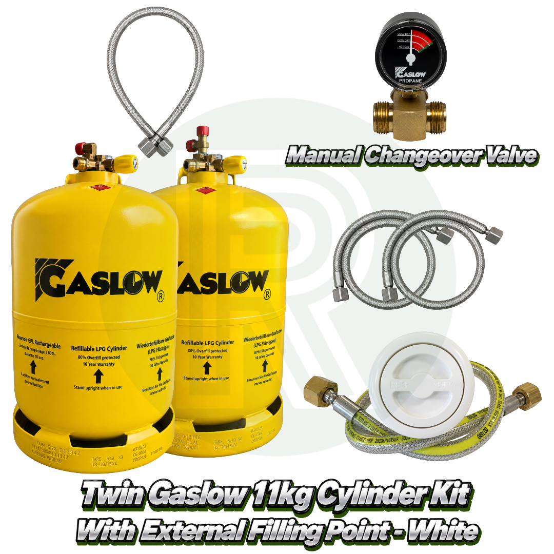 Twin Gaslow 11kg refillable LPG cylinder kit with white external filling point, manual changeover valve, mounting bracket, fill hoses and connection hose for caravans, motorhomes and campervans.