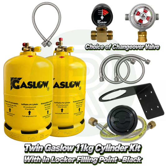 Twin Gaslow 11kg refillable LPG cylinder kit with black in-locker filling point, choice of automatic or manual changeover valve, mounting bracket, fill hoses and connection hose for caravans, motorhomes and campervans.