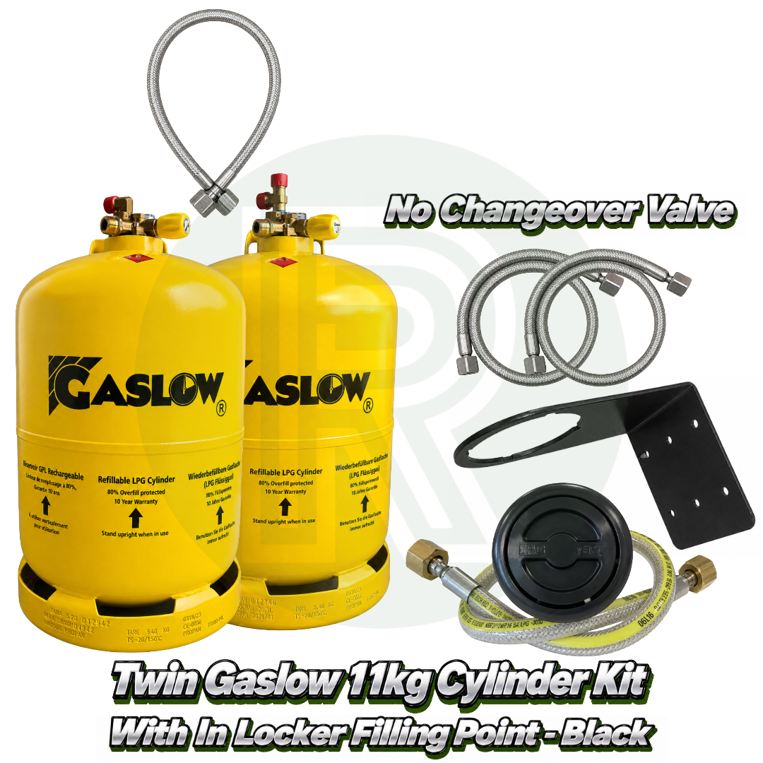 Twin Gaslow 11kg refillable LPG cylinder kit with black in-locker filling point, no changeover valve, mounting bracket, fill hoses and connection hose for caravans, motorhomes and campervans.