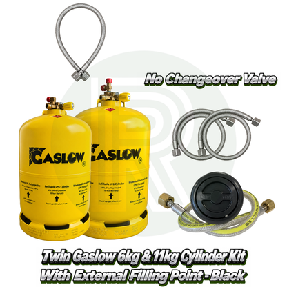 Twin Gaslow 6kg and 11kg refillable LPG cylinder kit with black external filling point, no changeover valve, mounting bracket, fill hoses and connection hose for caravans, motorhomes and campervans.