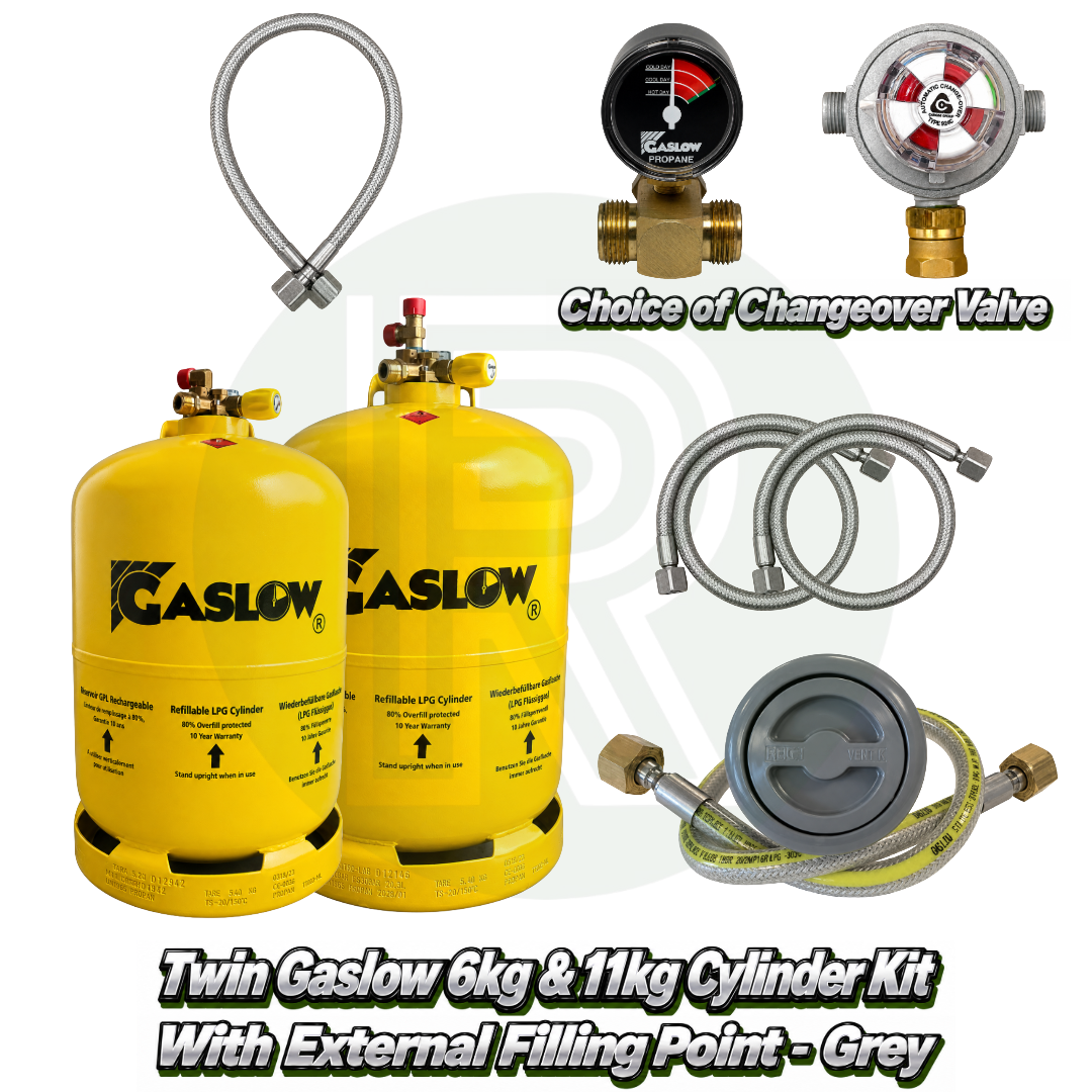 Twin Gaslow 6kg and 11kg refillable LPG cylinder kit with grey external filling point, choice of automatic or manual changeover valve, mounting bracket, fill hoses and connection hose for caravans, motorhomes and campervans.
