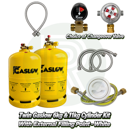 Twin Gaslow 6kg and 11kg refillable LPG cylinder kit with white external filling point, choice of automatic or manual changeover valve, mounting bracket, fill hoses and connection hose for caravans, motorhomes and campervans.