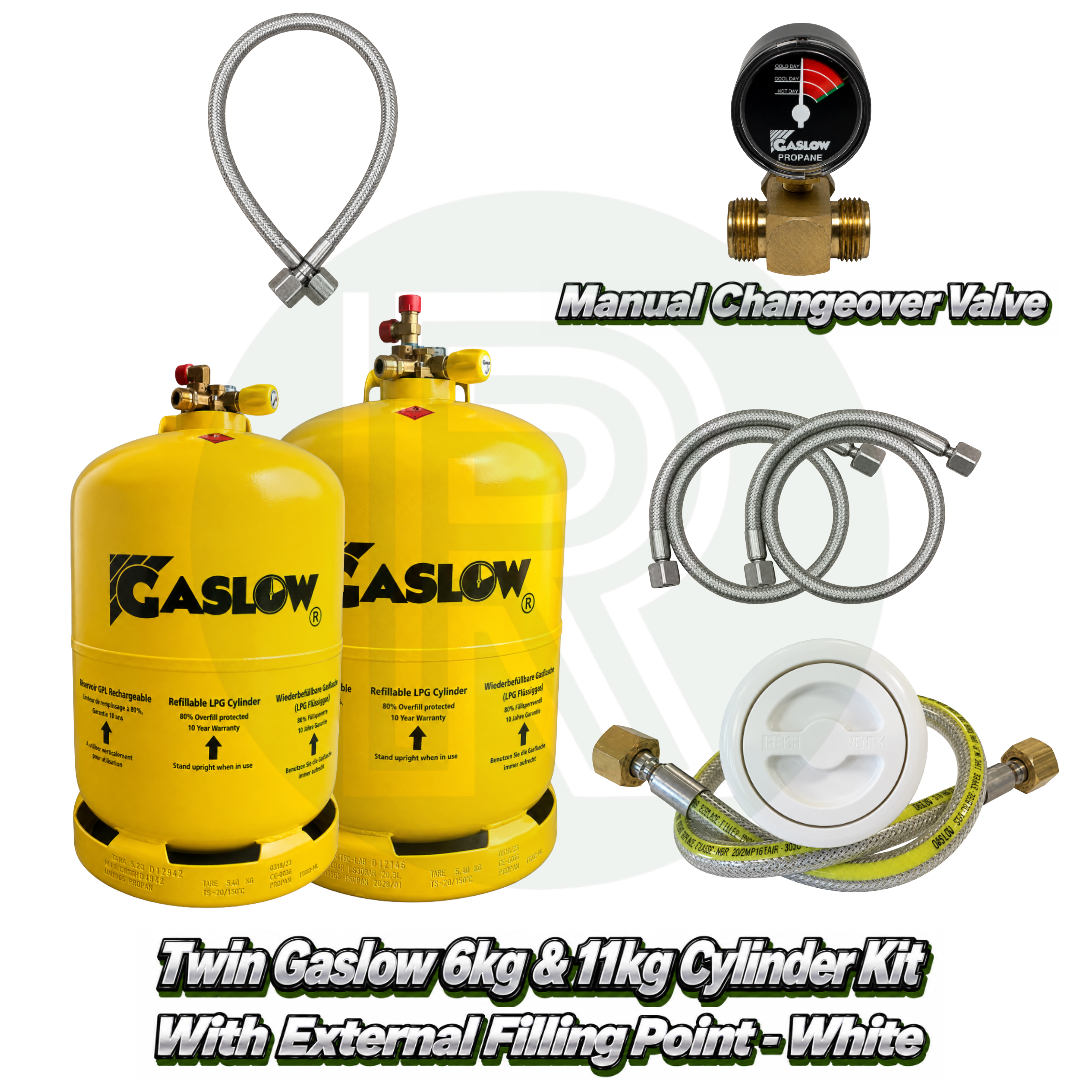 Twin Gaslow 6kg and 11kg refillable LPG cylinder kit with white external filling point, manual changeover valve, mounting bracket, fill hoses and connection hose for caravans, motorhomes and campervans.