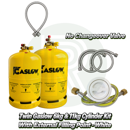 Twin Gaslow 6kg and 11kg refillable LPG cylinder kit with white external filling point, no changeover valve, mounting bracket, fill hoses and connection hose for caravans, motorhomes and campervans.