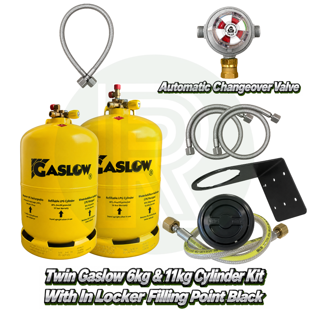 Twin Gaslow 6kg and 11kg refillable LPG cylinder kit with black in-locker filling point, automatic changeover valve, mounting bracket, fill hoses and connection hose for caravans, motorhomes and campervans.