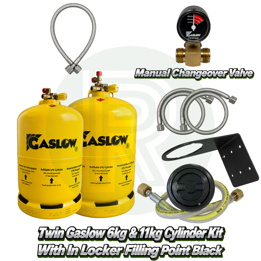 Twin Gaslow 6kg and 11kg refillable LPG cylinder kit with black in-locker filling point, manual changeover valve, mounting bracket, fill hoses and connection hose for caravans, motorhomes and campervans.
