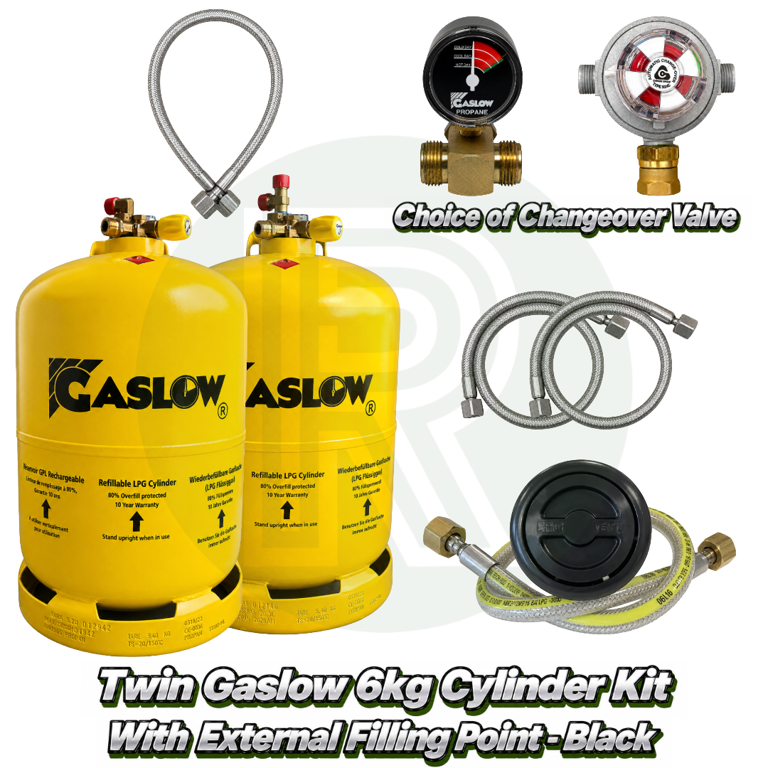 Twin Gaslow 6kg refillable LPG cylinder kit with black external filling point, choice of automatic or manual changeover valve, mounting bracket, fill hoses and connection hose for caravans, motorhomes and campervans.