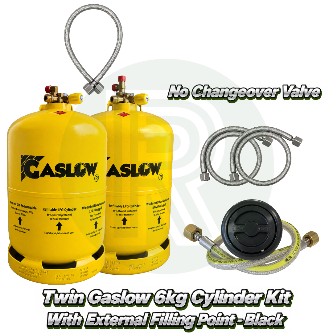 Twin Gaslow 6kg refillable LPG cylinder kit with black external filling point, no changeover valve, mounting bracket, fill hoses and connection hose for caravans, motorhomes and campervans.
