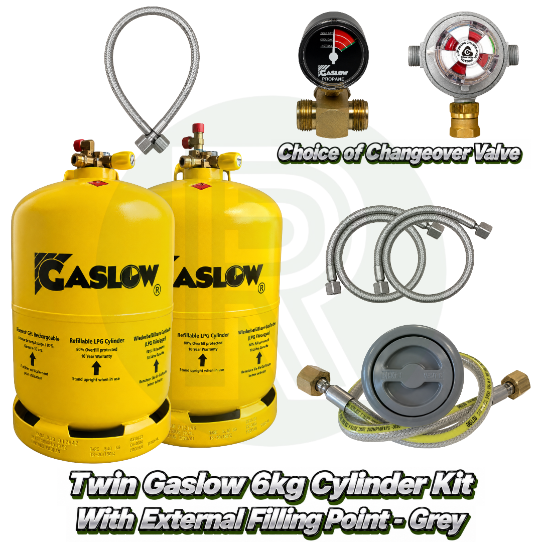 Twin Gaslow 6kg refillable LPG cylinder kit with grey external filling point, choice of automatic or manual changeover valve, mounting bracket, fill hoses and connection hose for caravans, motorhomes and campervans.