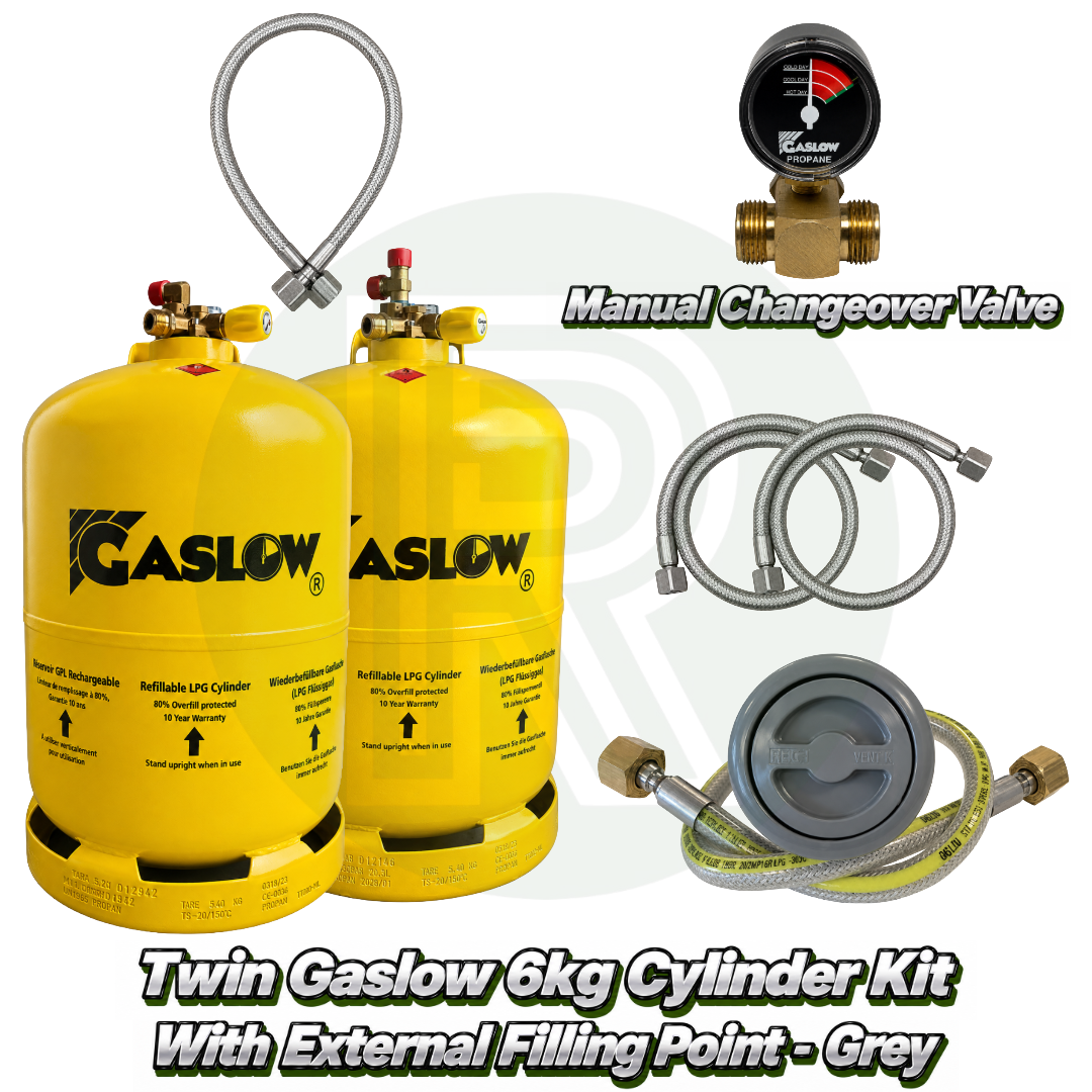 Twin Gaslow 6kg refillable LPG cylinder kit with grey external filling point, manual changeover valve, mounting bracket, fill hoses and connection hose for caravans, motorhomes and campervans.