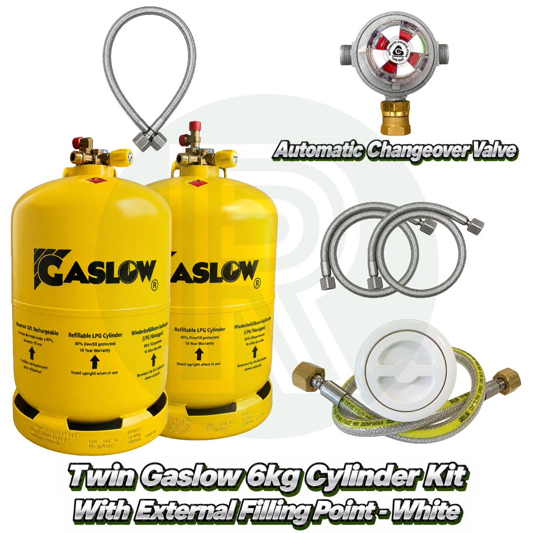 Twin Gaslow 6kg refillable LPG cylinder kit with white external filling point, automatic changeover valve, mounting bracket, fill hoses and connection hose for caravans, motorhomes and campervans.