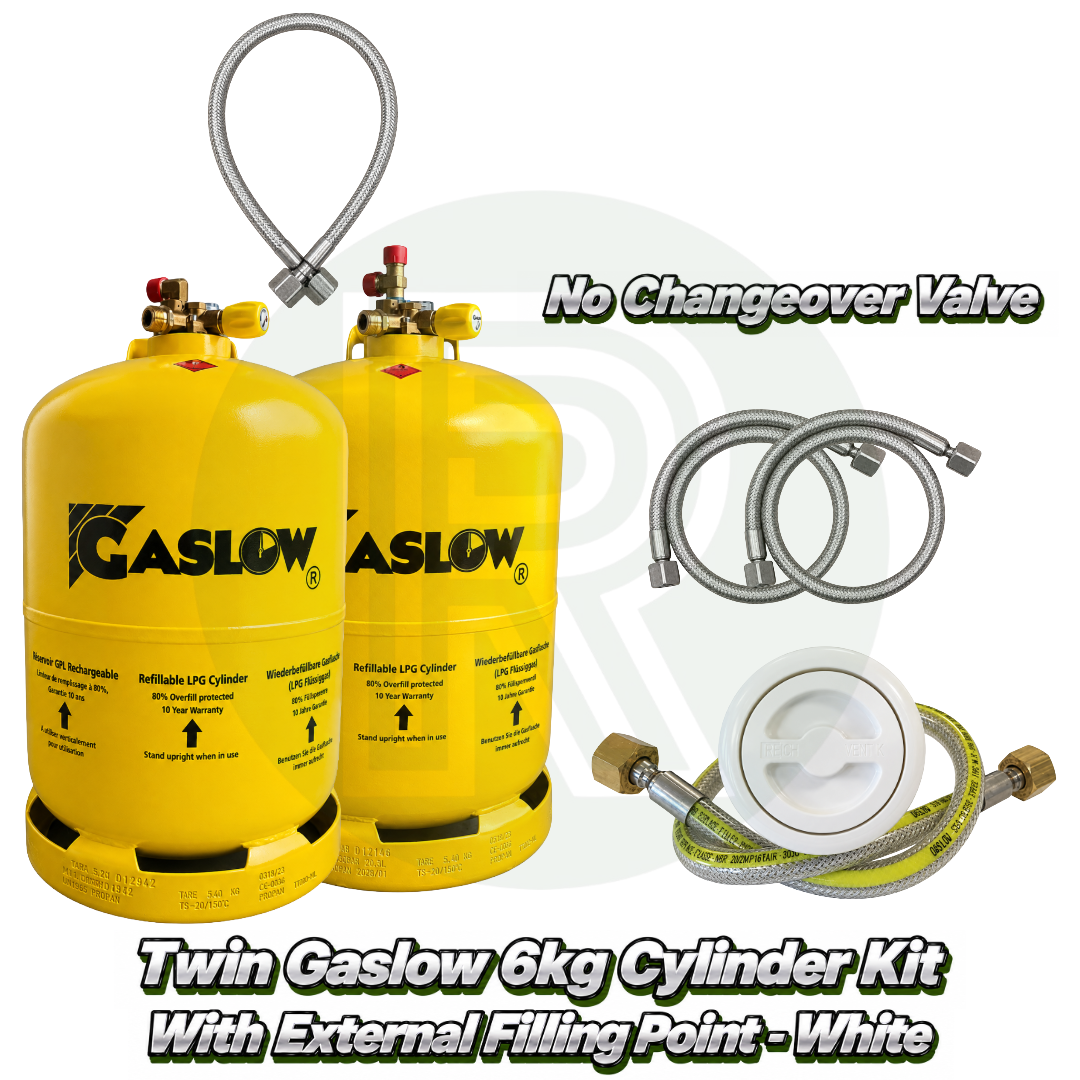 Twin Gaslow 6kg refillable LPG cylinder kit with white external filling point, no changeover valve, mounting bracket, fill hoses and connection hose for caravans, motorhomes and campervans.