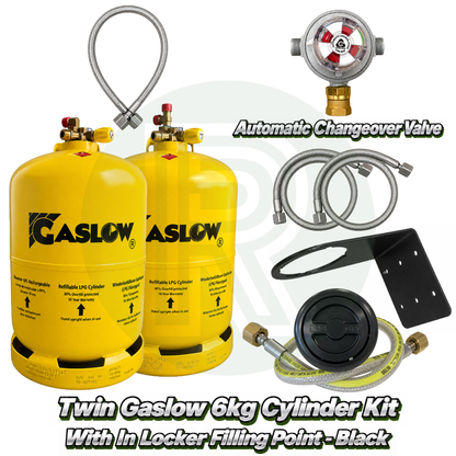 Twin Gaslow 6kg refillable LPG cylinder kit with black in-locker filling point, automatic changeover valve, mounting bracket, fill hoses and connection hose for caravans, motorhomes and campervans.