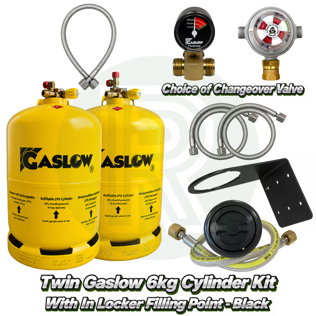 Twin Gaslow 6kg refillable LPG cylinder kit with black in-locker filling point, choice of automatic or manual changeover valve, mounting bracket, fill hoses and connection hose for caravans, motorhomes and campervans.