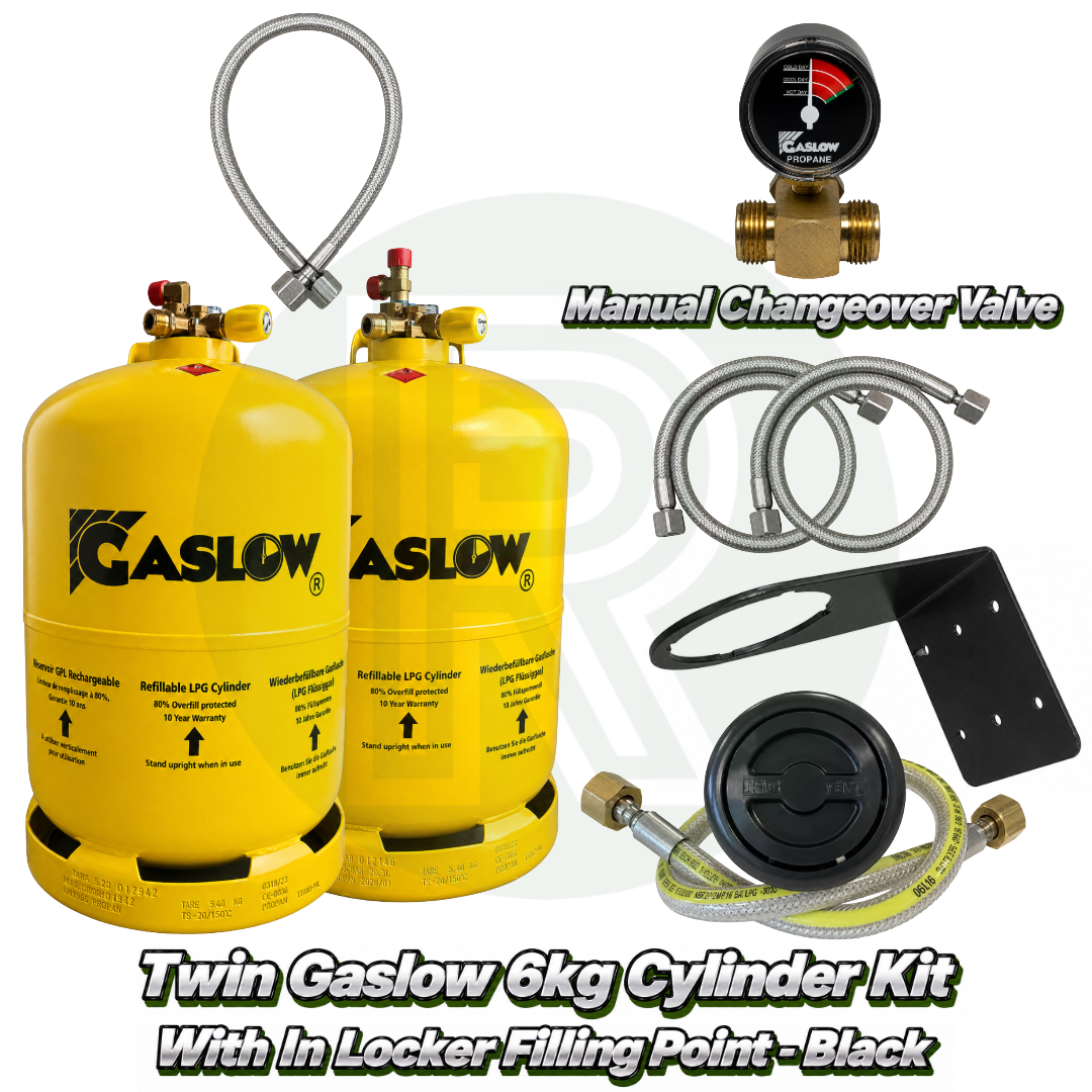 Twin Gaslow 6kg refillable LPG cylinder kit with black in-locker filling point, manual changeover valve, mounting bracket, fill hoses and connection hose for caravans, motorhomes and campervans.