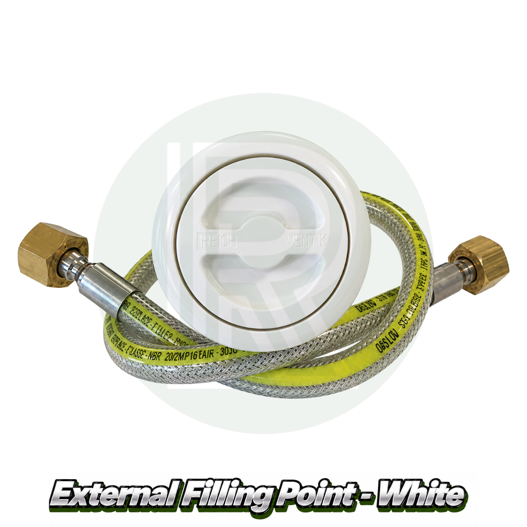 White Gaslow external LPG filling point with stainless steel filler hose
