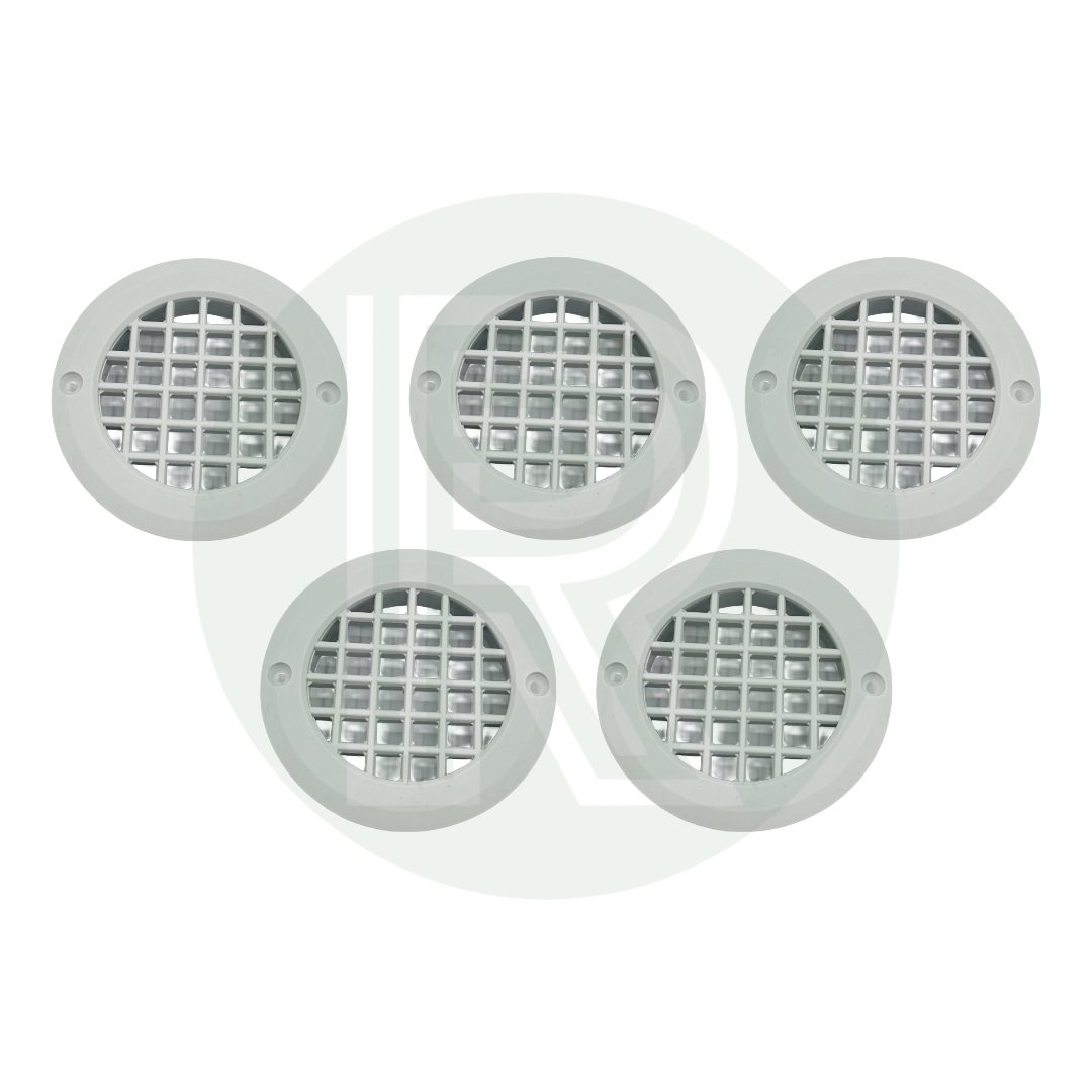 Grey round vent grille pack of 5 for caravan motorhome campervan furniture and ventilation installations