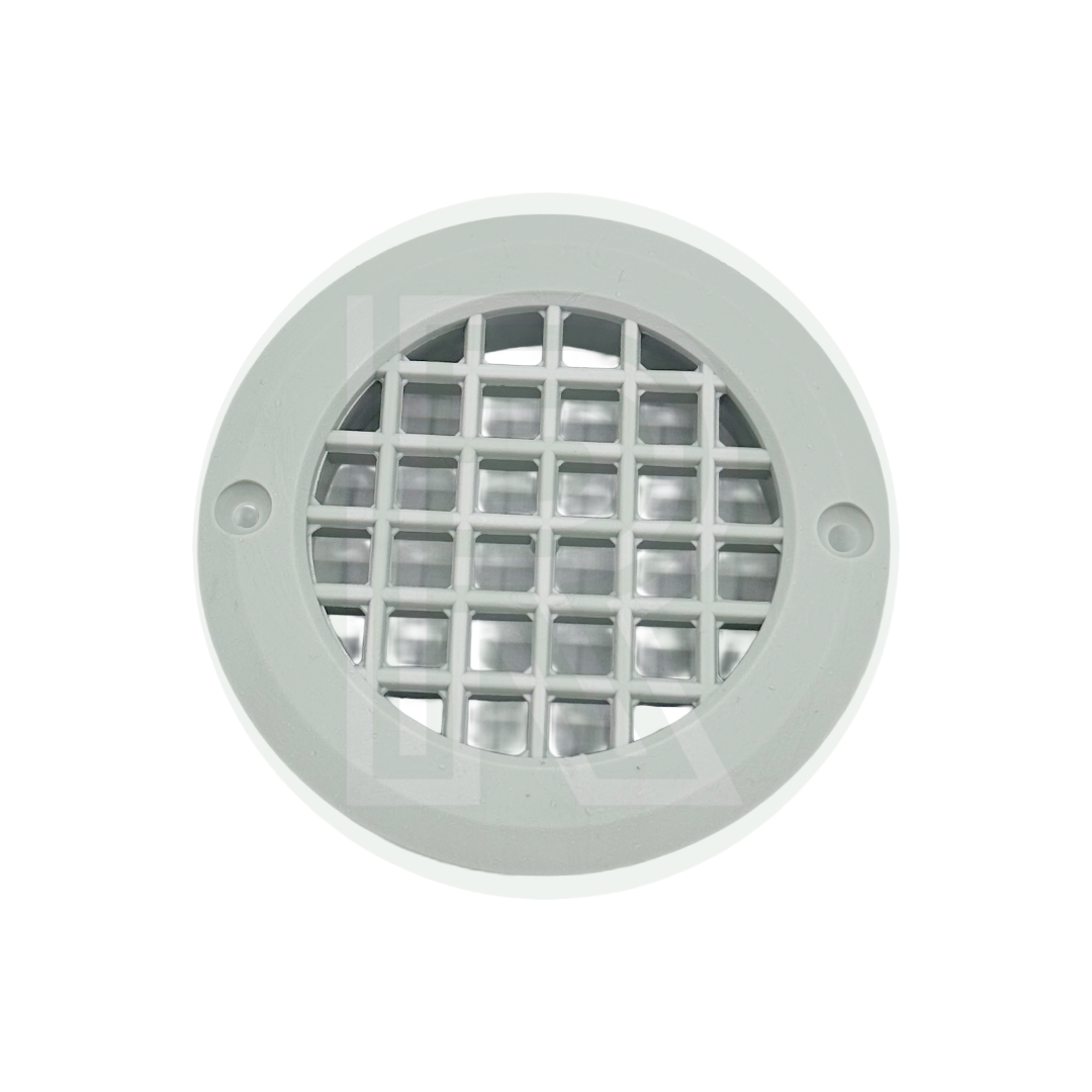 Grey round ventilation grille with fixing holes for campervan caravan and motorhome conversion projects