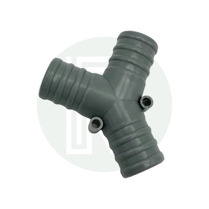 Grey Y hose splitter connector for joining or dividing water flow in campervan and caravan plumbing systems