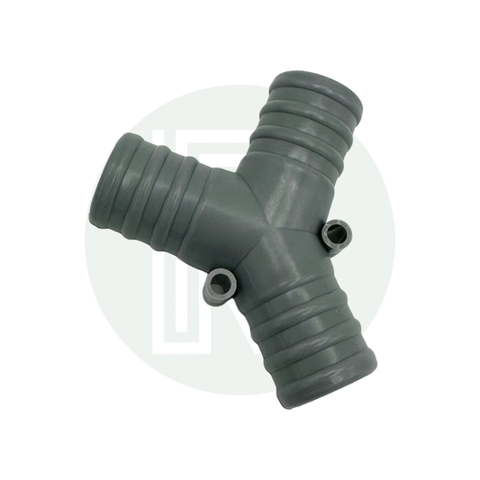 Grey Y hose splitter connector for joining or dividing water flow in campervan and caravan plumbing systems