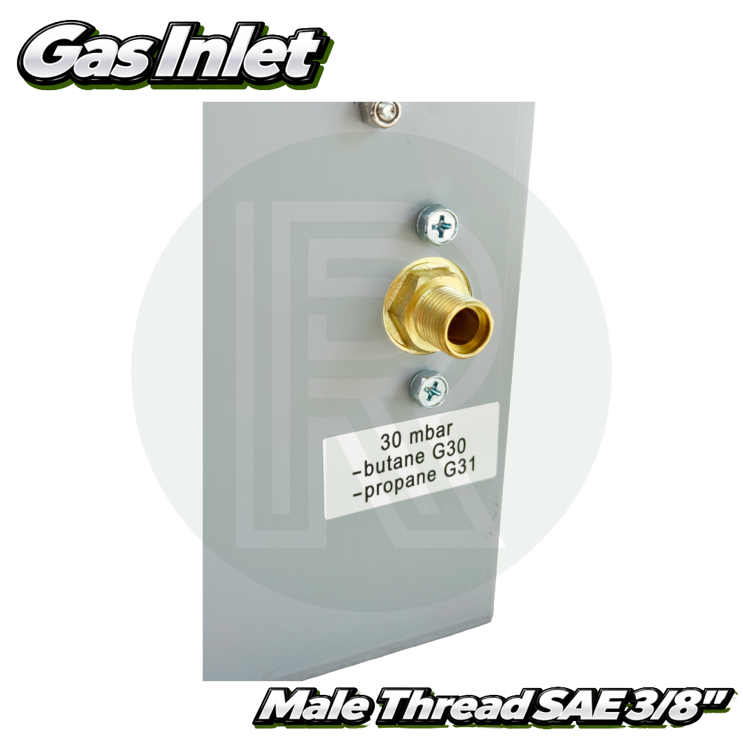 Gas inlet connection on LPG water heater showing brass fitting and regulator connection