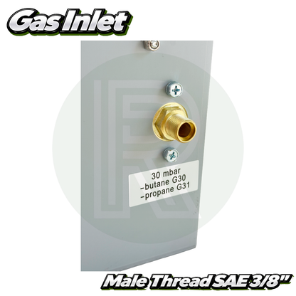 Gas inlet connection on LPG water heater showing brass fitting and regulator connection