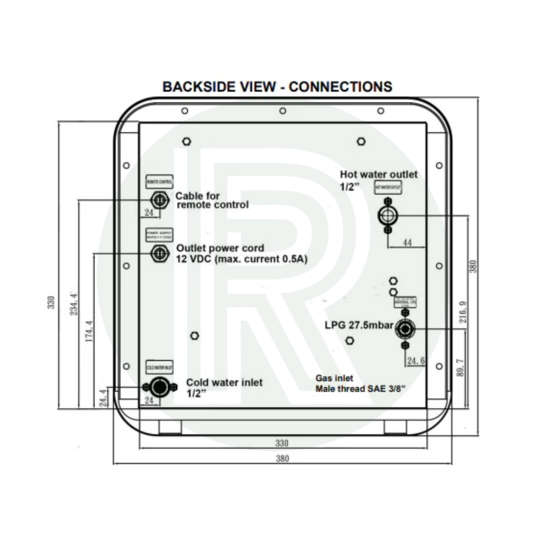 Installation diagram with dimensions for LPG tankless water heater wall cut-out and mounting