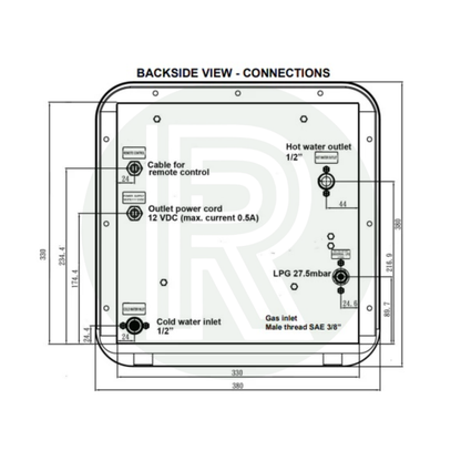 Installation diagram with dimensions for LPG tankless water heater wall cut-out and mounting