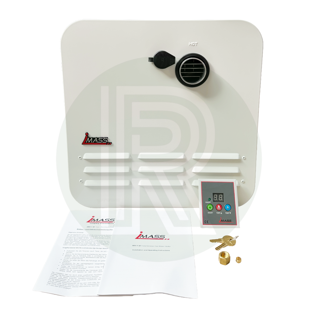 Instant LPG tankless water heater unit with front panel and digital control display for campervan installation