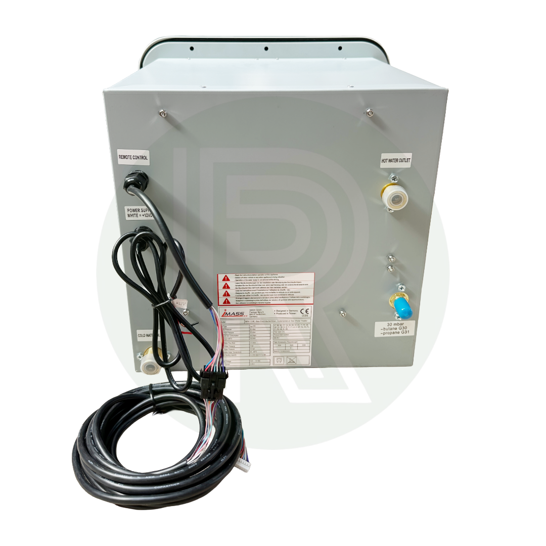 Rear view of instant LPG water heater with power cable and mounting configuration