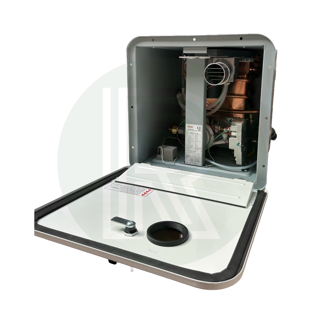Tankless LPG water heater with front panel open showing internal components and burner system