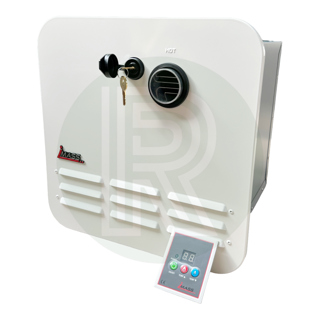 Instant LPG tankless water heater unit with front panel and digital control display for campervan installation