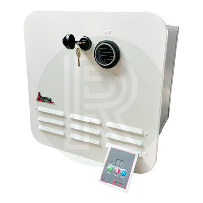 Instant LPG tankless water heater unit with front panel and digital control display for campervan installation