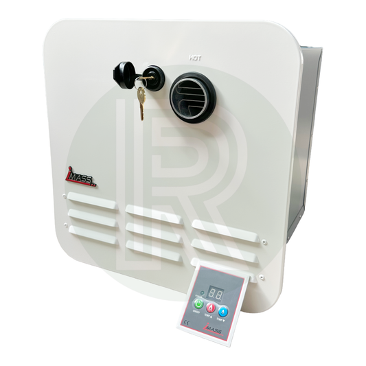 Instant LPG tankless water heater unit with front panel and digital control display for campervan installation