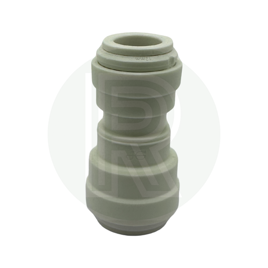 Front view of John Guest 15mm to 12mm push fit adaptor for Bullfinch outdoor shower point white