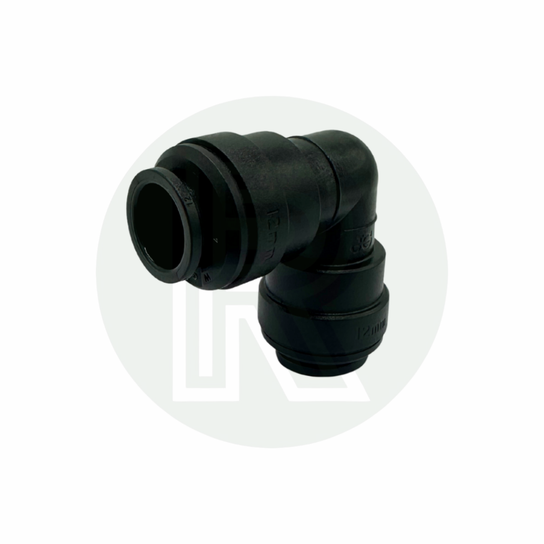 Angled view of John Guest Speedfit 12mm equal elbow connector